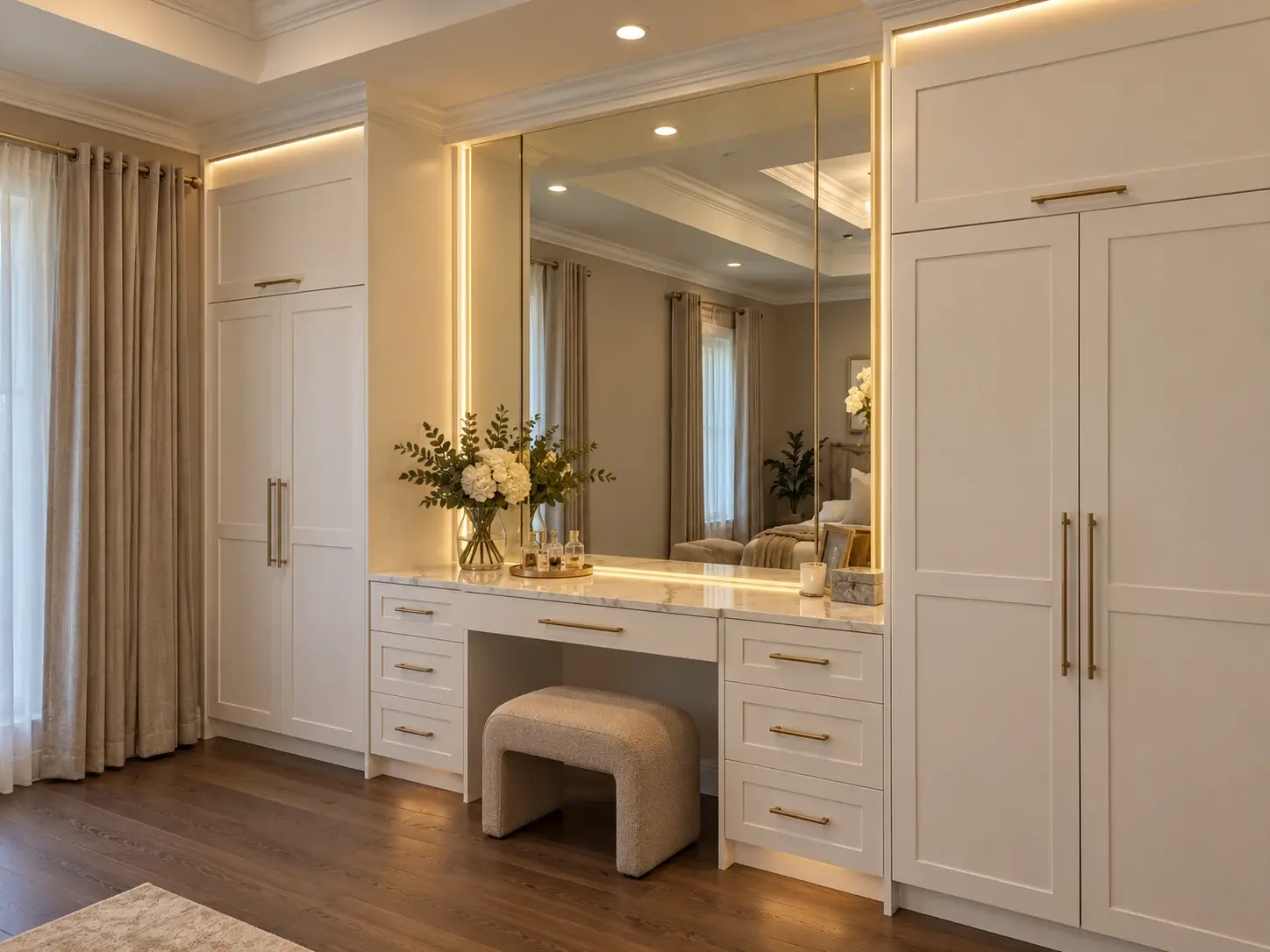 Storage and layout inspiration showing fitted wardrobes and a dressing vanity