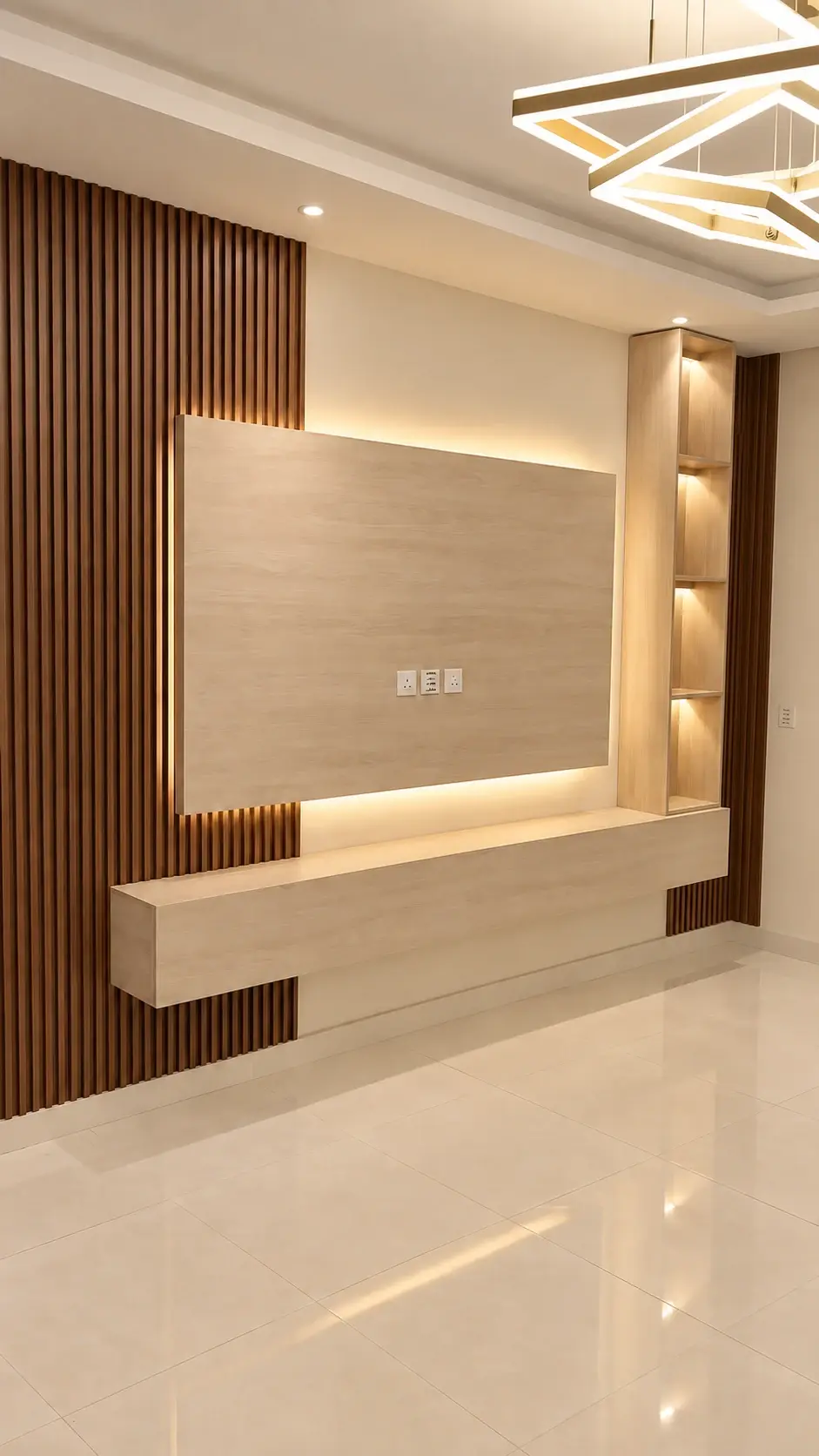 Completed Master Build media wall with vertical wood detailing and integrated lighting